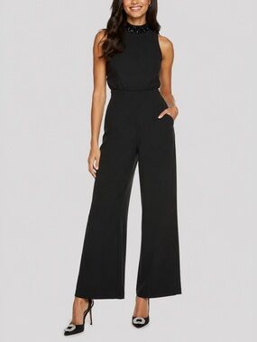 TAYLOR Stretch Crepe Sleeveless Black Jumpsuit Beaded Jeweled Mockneck Wide Leg